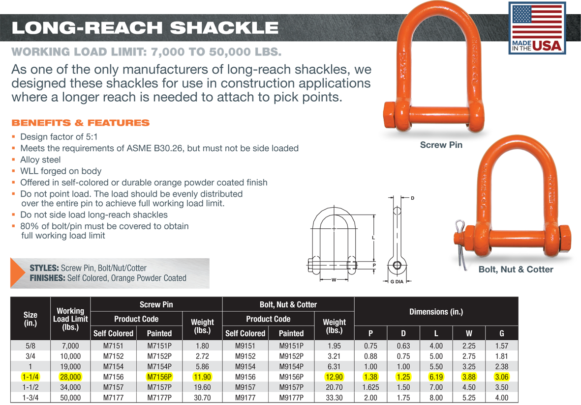11/4 inch CM M7156P Long Reach Screw Pin Shackles Wesco Industries 11/4 inch CM M7156P Long Reach Screw Pin Shackles Wesco Industries